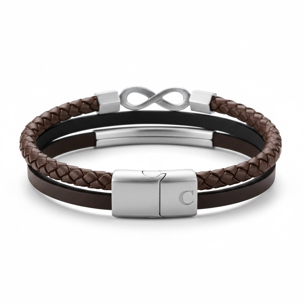 Pulsera de Piel y Acero con Símbolo del Infinito: Moderna y Elegante