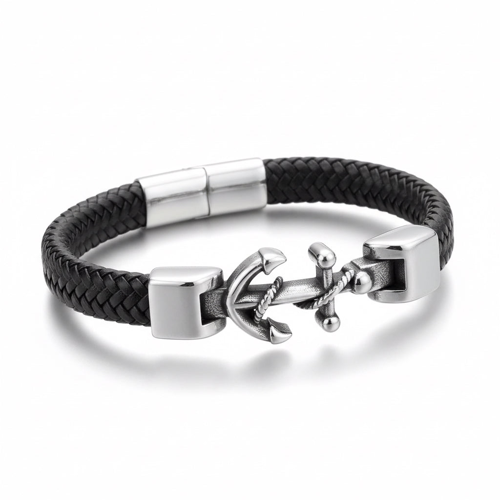 Pulsera de Piel y Acero con Ancla – Estilo Marino Elegante