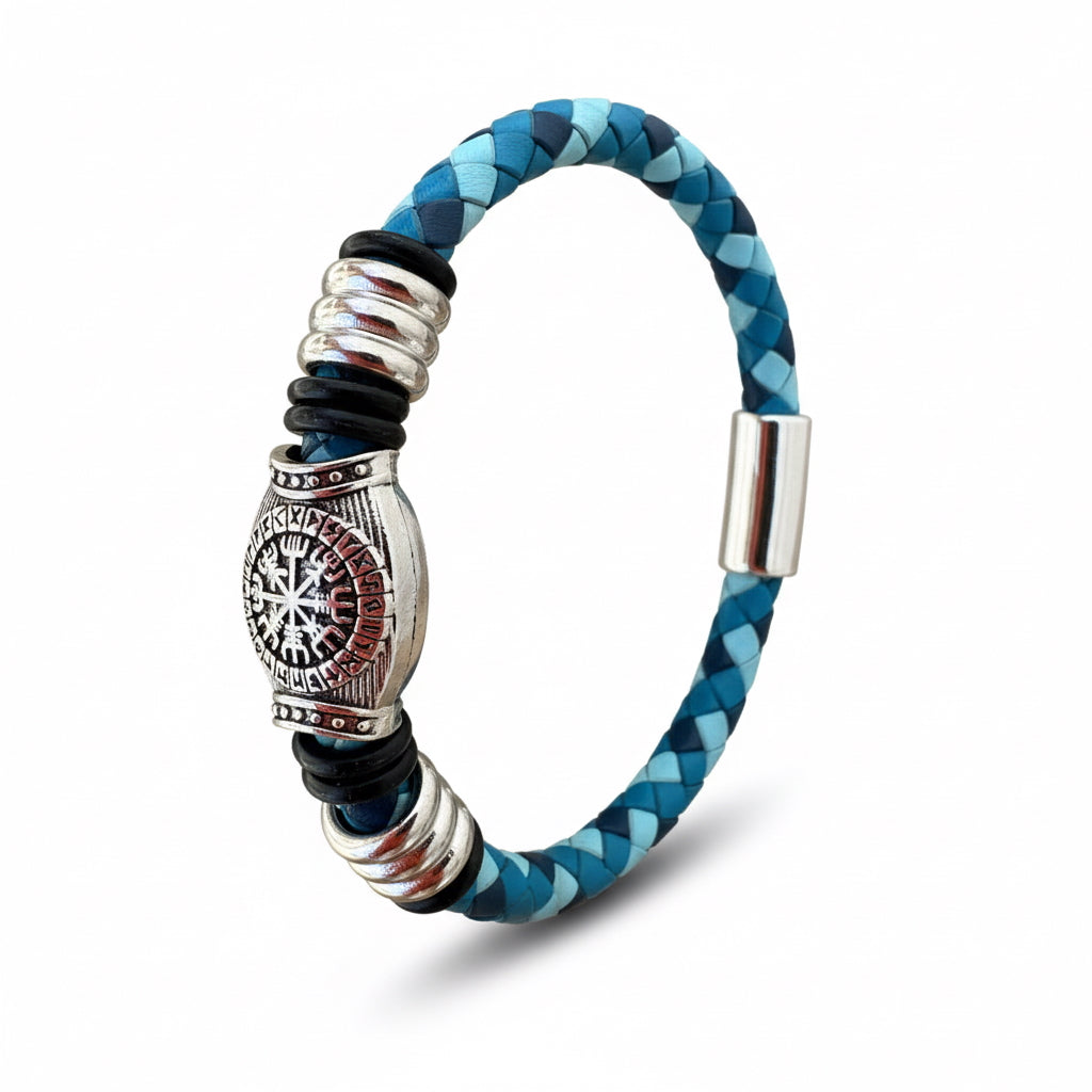 Pulsera Vikinga Azul – Símbolo de la Brújula Nórdica Vegvísir
