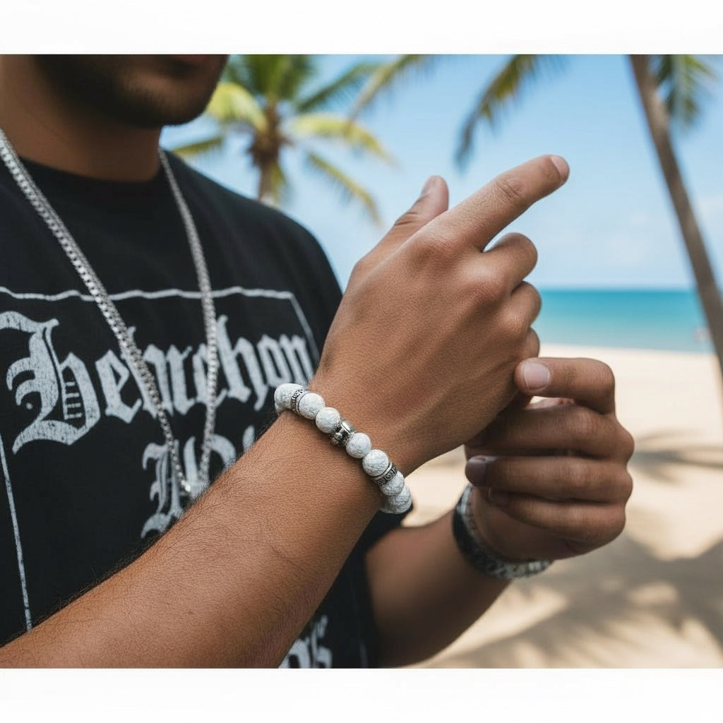 Pulsera de Lava Volcánica Blanca con Calavera – Energía y Estilo en Cada Detalle