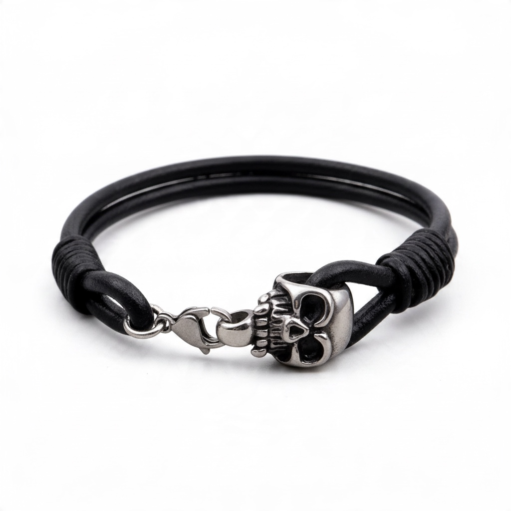 Pulsera Vikinga de Piel Negra con Calavera Plateada | Estilo Nórdico