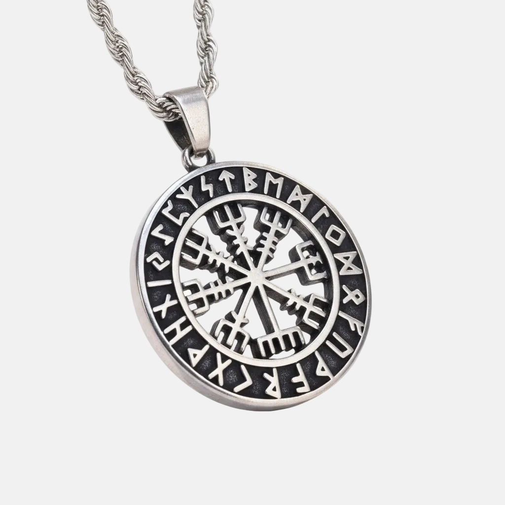Collar Vikingo de Acero con Brújula y Runas Nórdicas