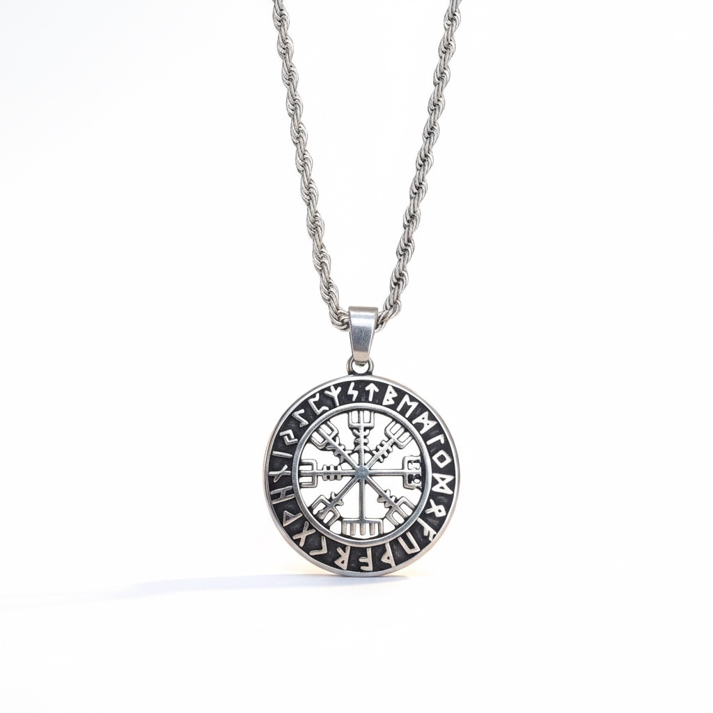 Collar Vikingo de Acero con Brújula y Runas Nórdicas