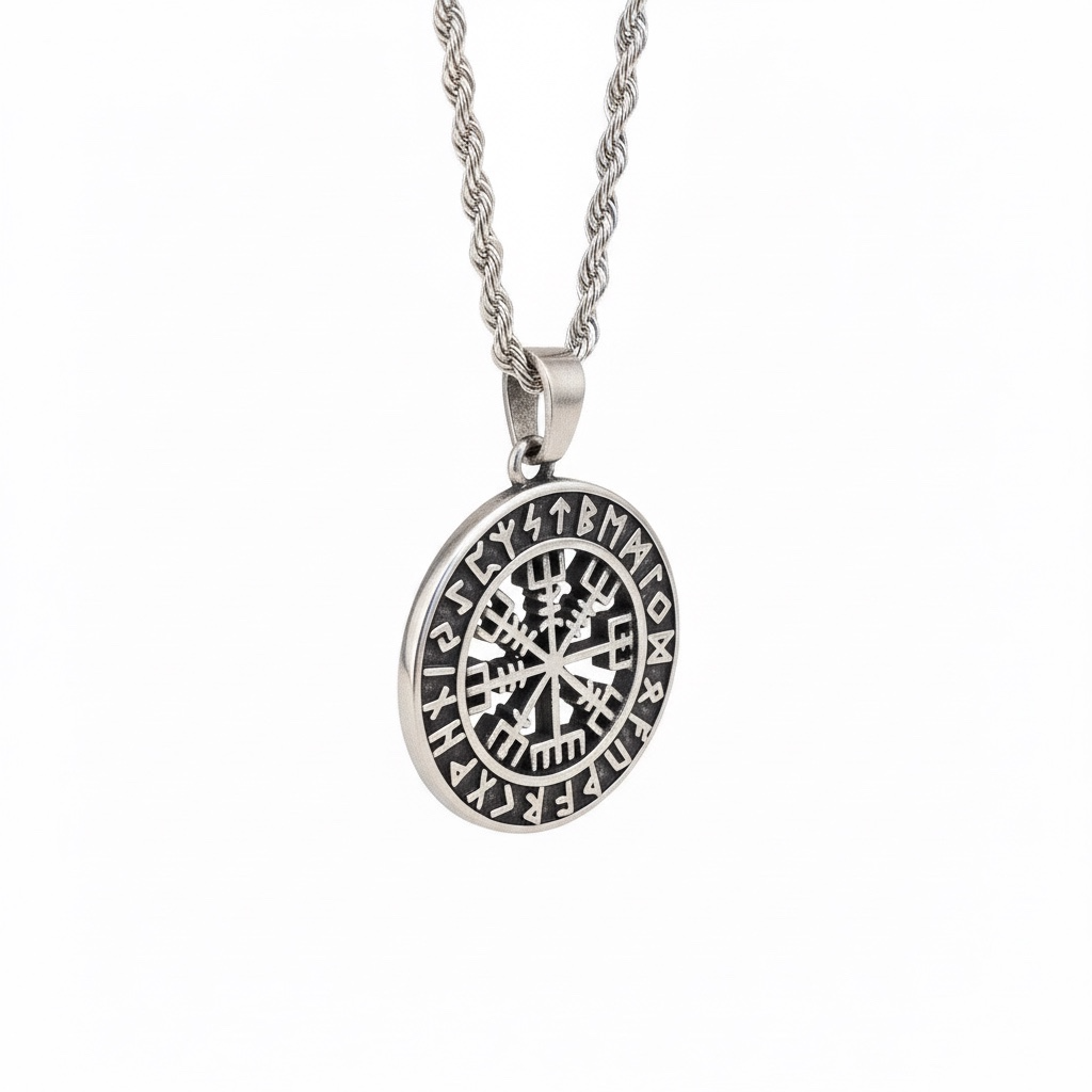 Collar Vikingo de Acero con Brújula y Runas Nórdicas