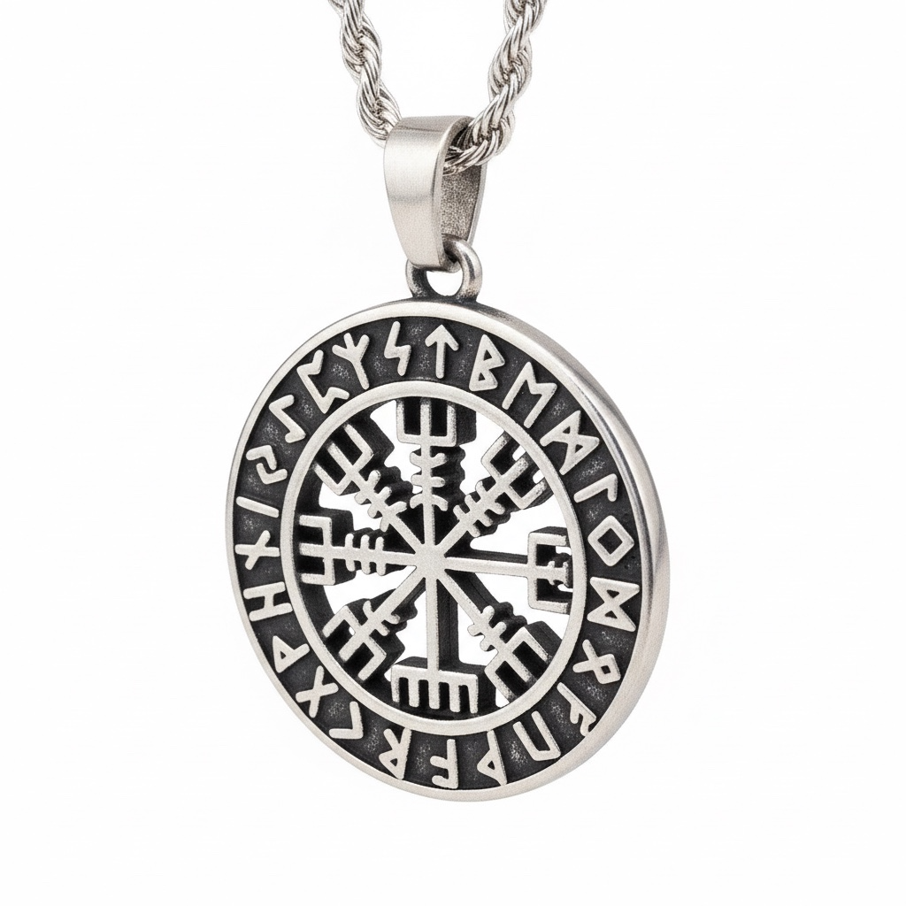 Collar Vikingo de Acero con Brújula y Runas Nórdicas