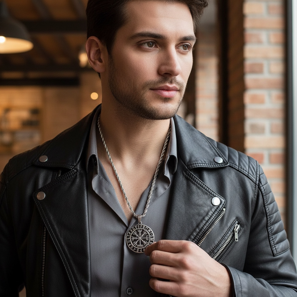 Collar Vikingo de Acero con Brújula y Runas Nórdicas