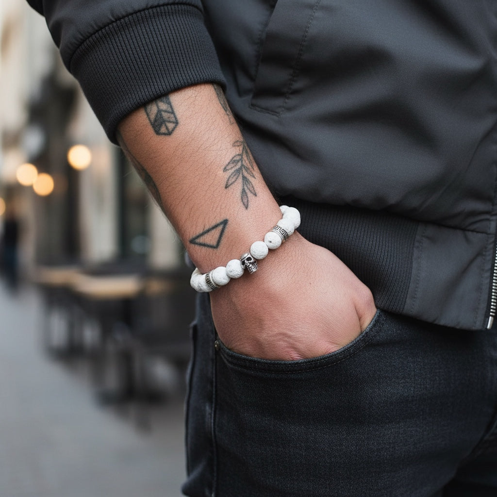 Pulsera de Lava Volcánica Blanca con Calavera – Energía y Estilo en Cada Detalle