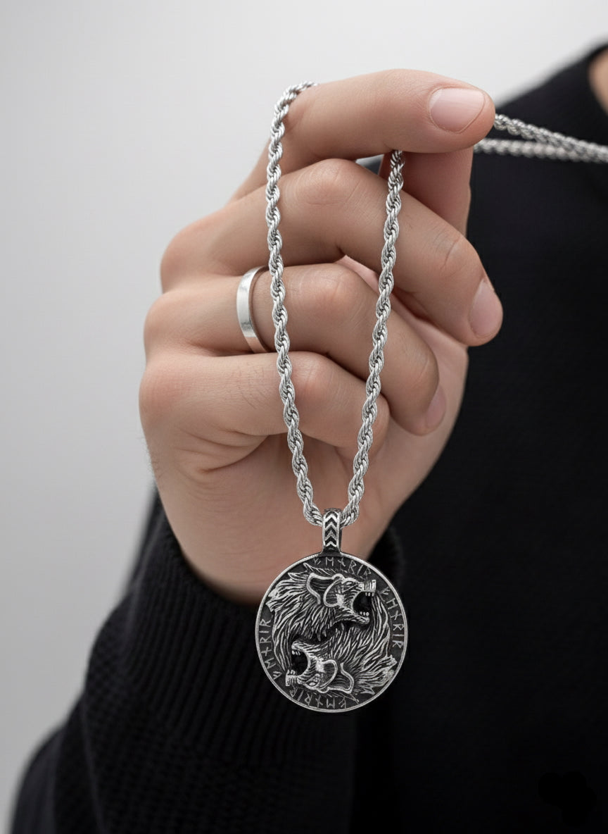 Collar Vikingo de Acero con Lobos y Runas Nórdicas