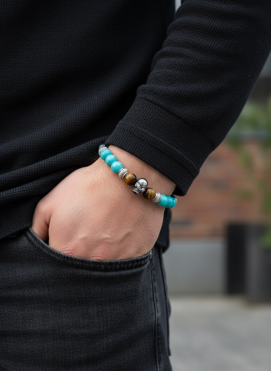 Pulsera de piedras energéticas con calavera central