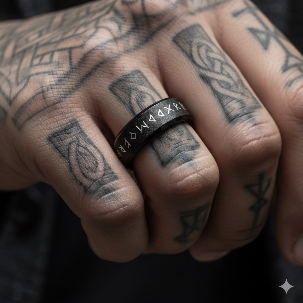 Anillo Vikingo de Acero de Titanio con Runas Grabadas