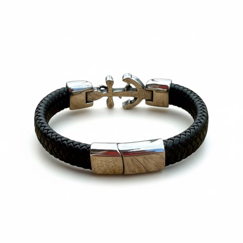 Pulsera de Piel y Acero con Ancla – Estilo Marino Elegante