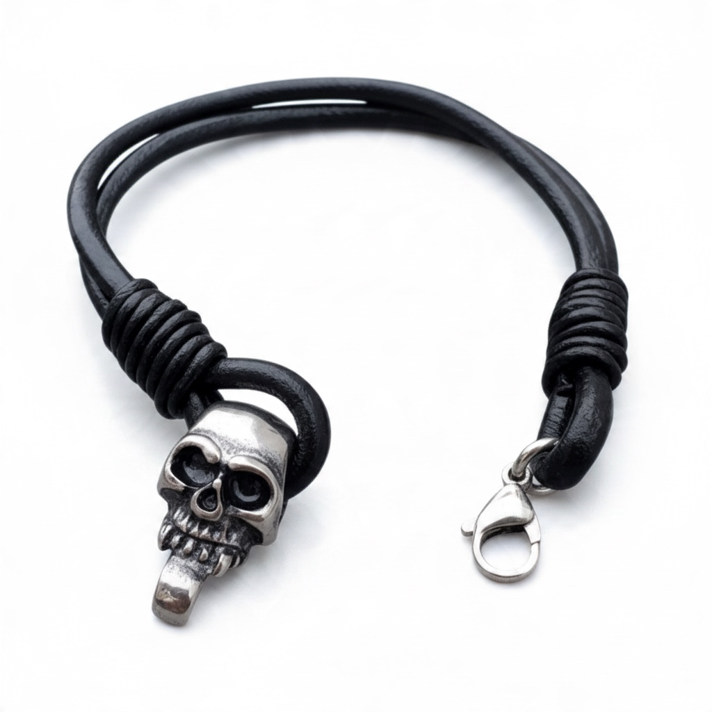 Pulsera Vikinga de Piel Negra con Calavera Plateada | Estilo Nórdico