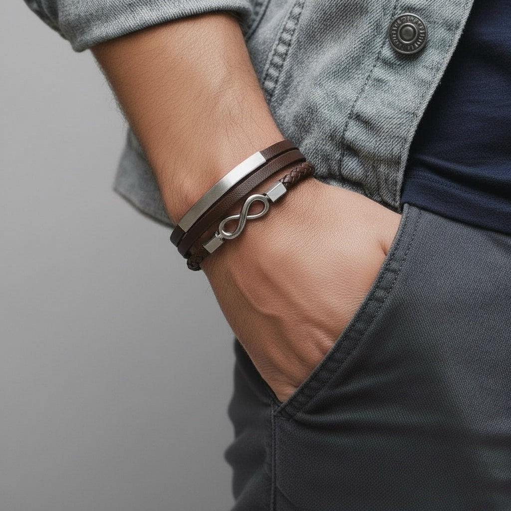 Pulsera de Piel y Acero con Símbolo del Infinito: Moderna y Elegante
