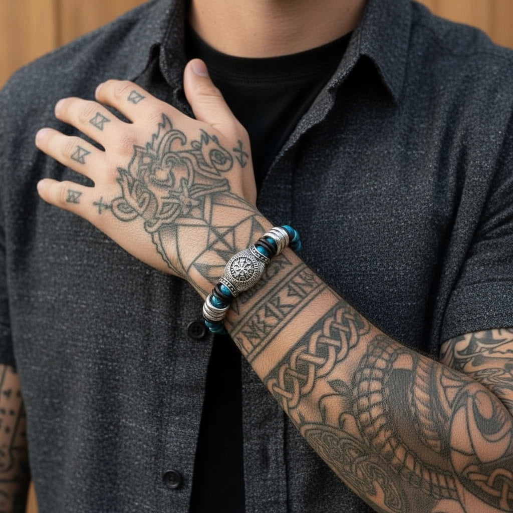 Pulsera Vikinga Azul – Símbolo de la Brújula Nórdica Vegvísir