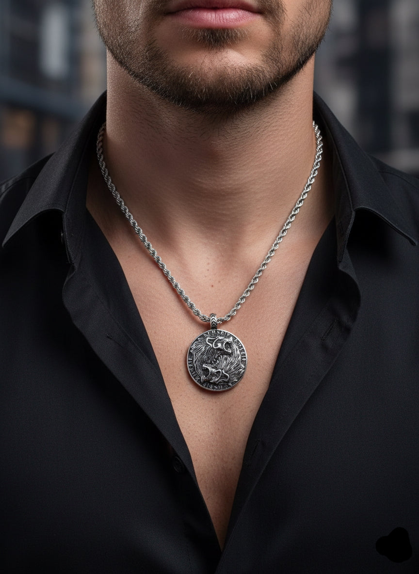 Collar Vikingo de Acero con Lobos y Runas Nórdicas