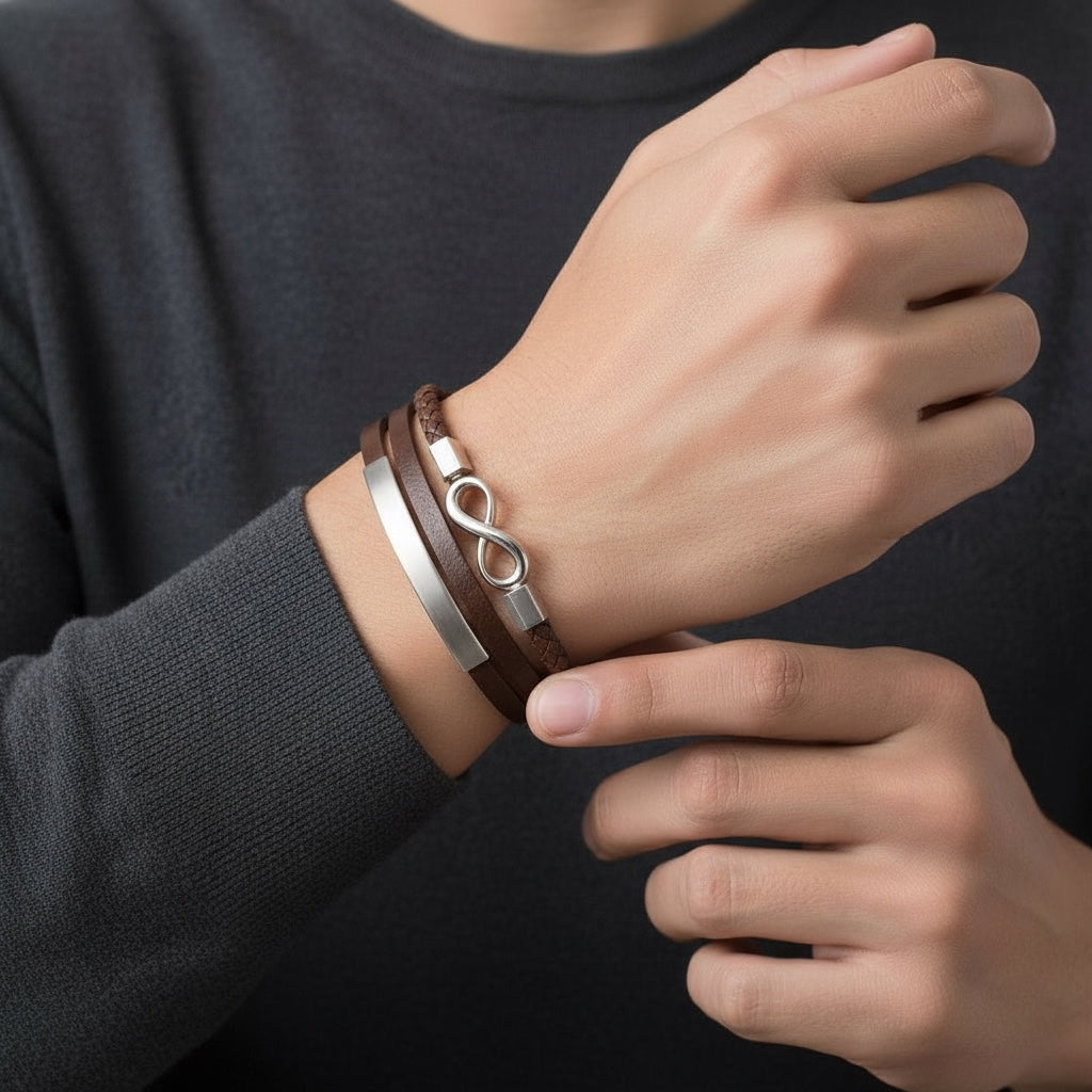 Pulsera de Piel y Acero con Símbolo del Infinito: Moderna y Elegante