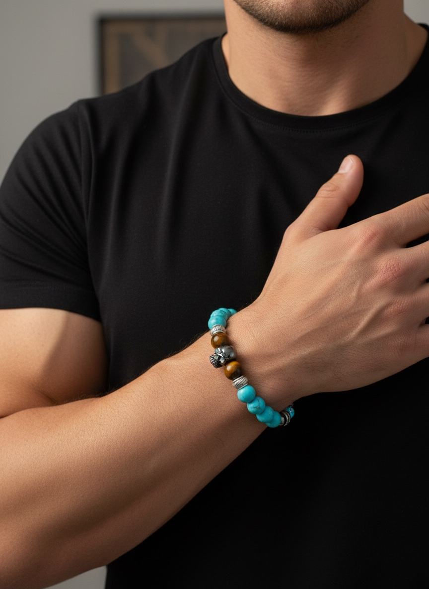 Pulsera de piedras energéticas con calavera central