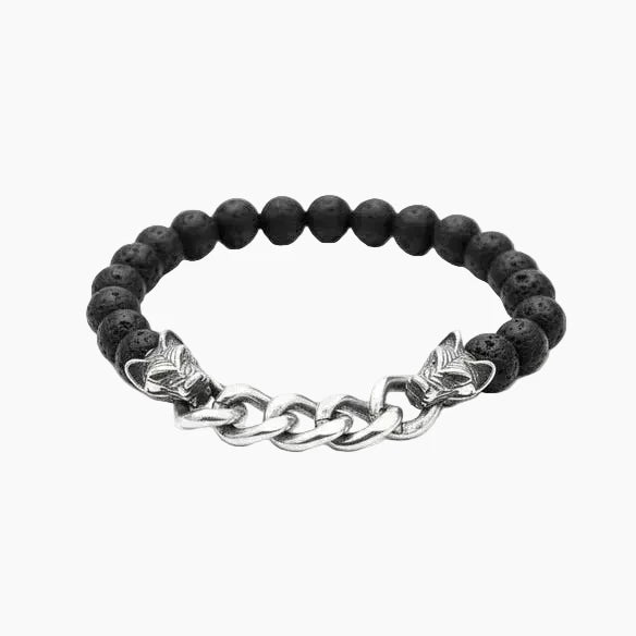 Pulsera Vikinga de Piedra Volcánica y Acero – Espíritu del Lobo