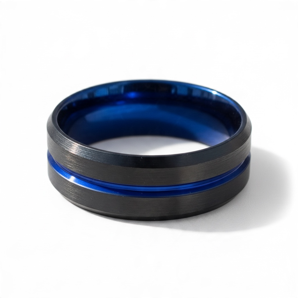 Anillo de acero negro con detalles azules – Estilo moderno, elegante y actual