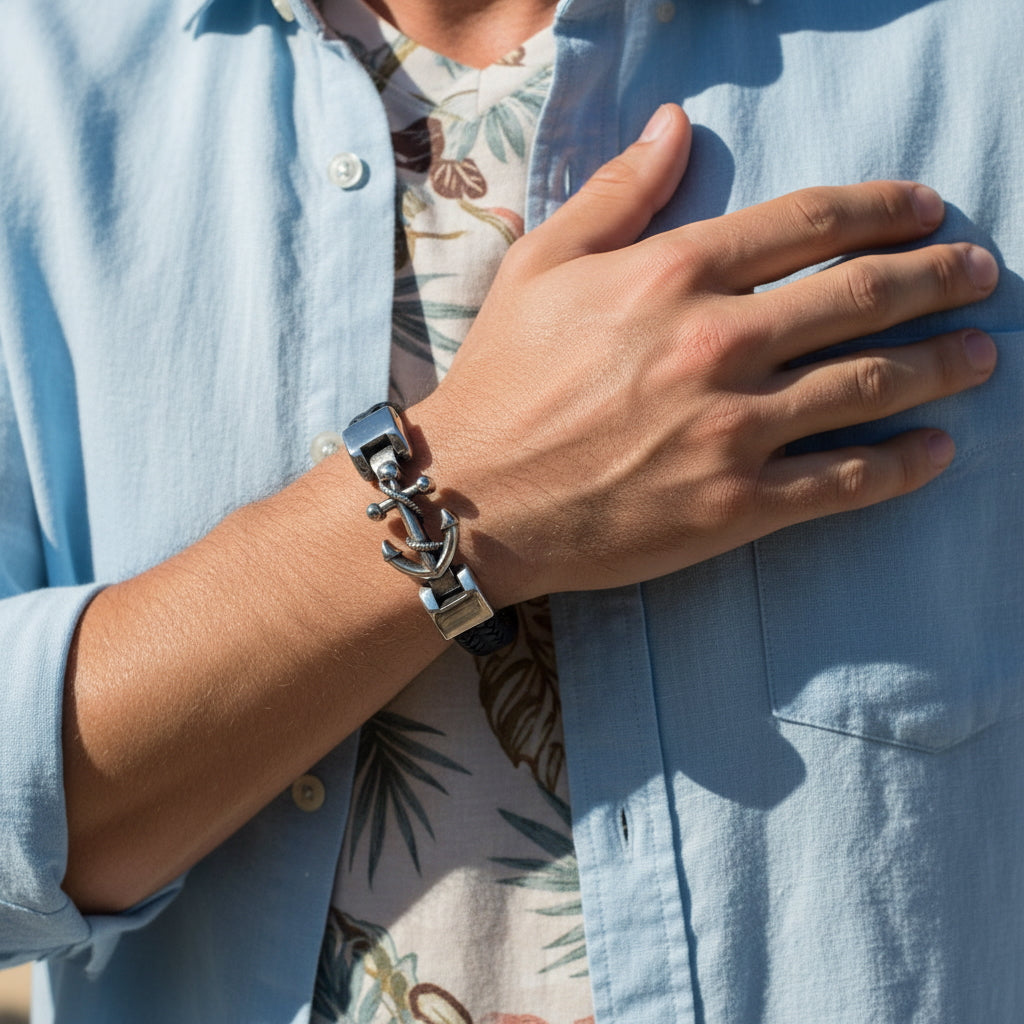 Pulsera de Piel y Acero con Ancla – Estilo Marino Elegante