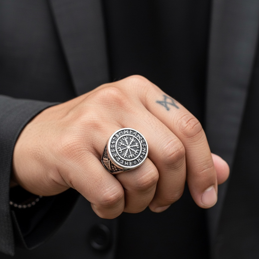 Anillo Vikingo de Acero con Brújula Vikinga y Runas
