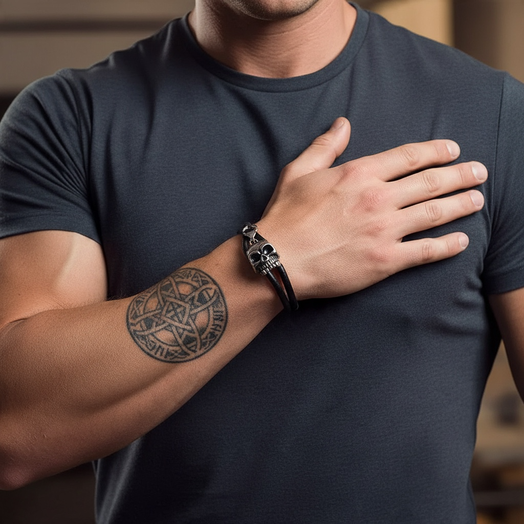 Pulsera Vikinga de Piel Negra con Calavera Plateada | Estilo Nórdico