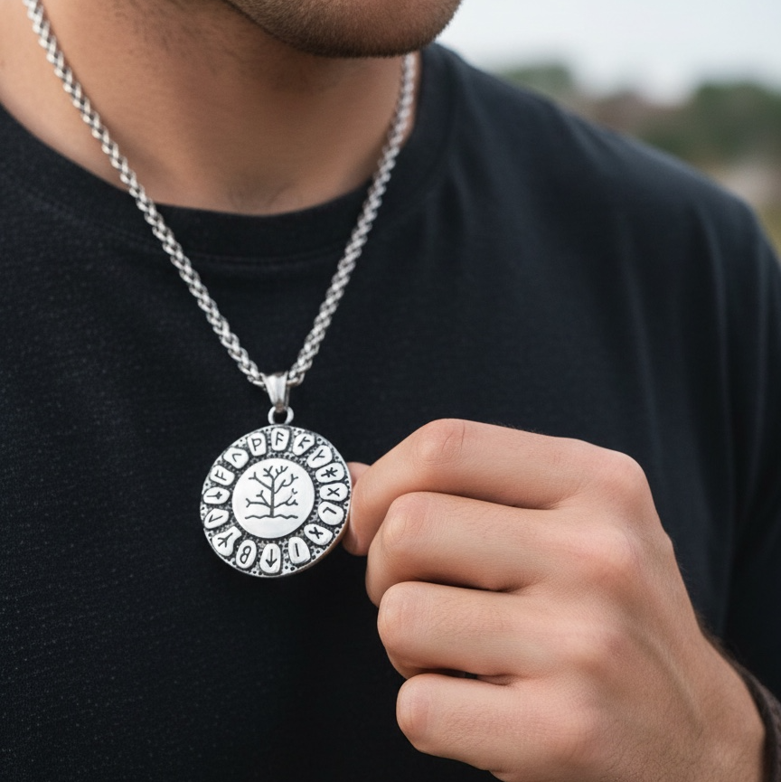 Colgante Vikingo de Acero con Árbol de la Vida y Runas Nórdicas