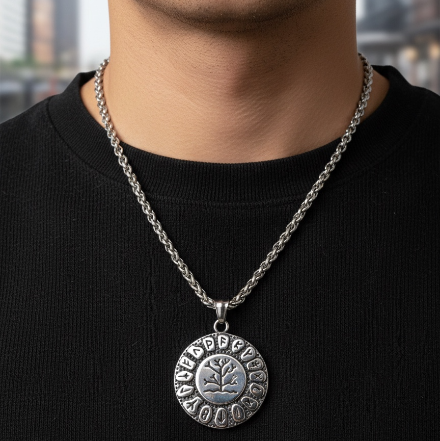 Colgante Vikingo de Acero con Árbol de la Vida y Runas Nórdicas