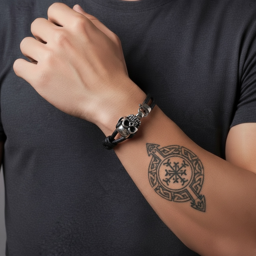 Pulsera Vikinga de Piel Negra con Calavera Plateada | Estilo Nórdico