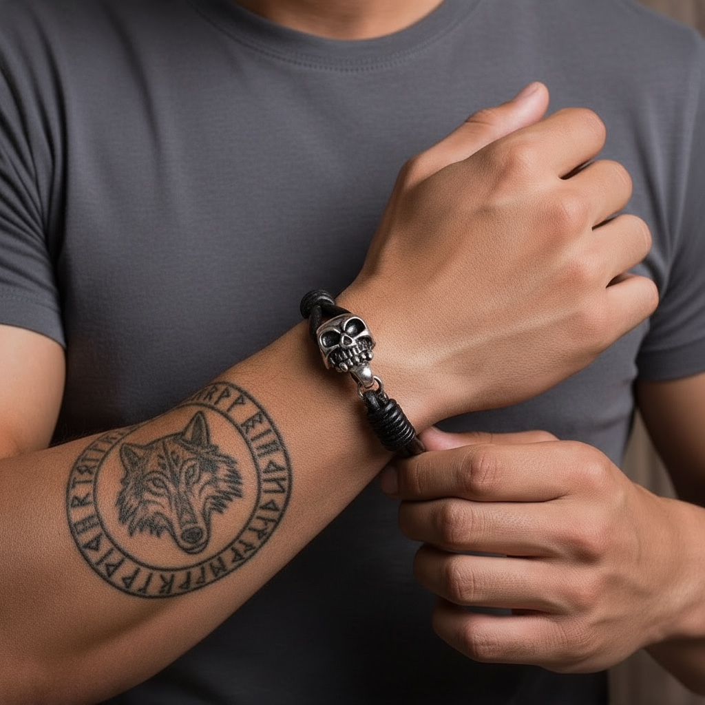 Pulsera Vikinga de Piel Negra con Calavera Plateada | Estilo Nórdico