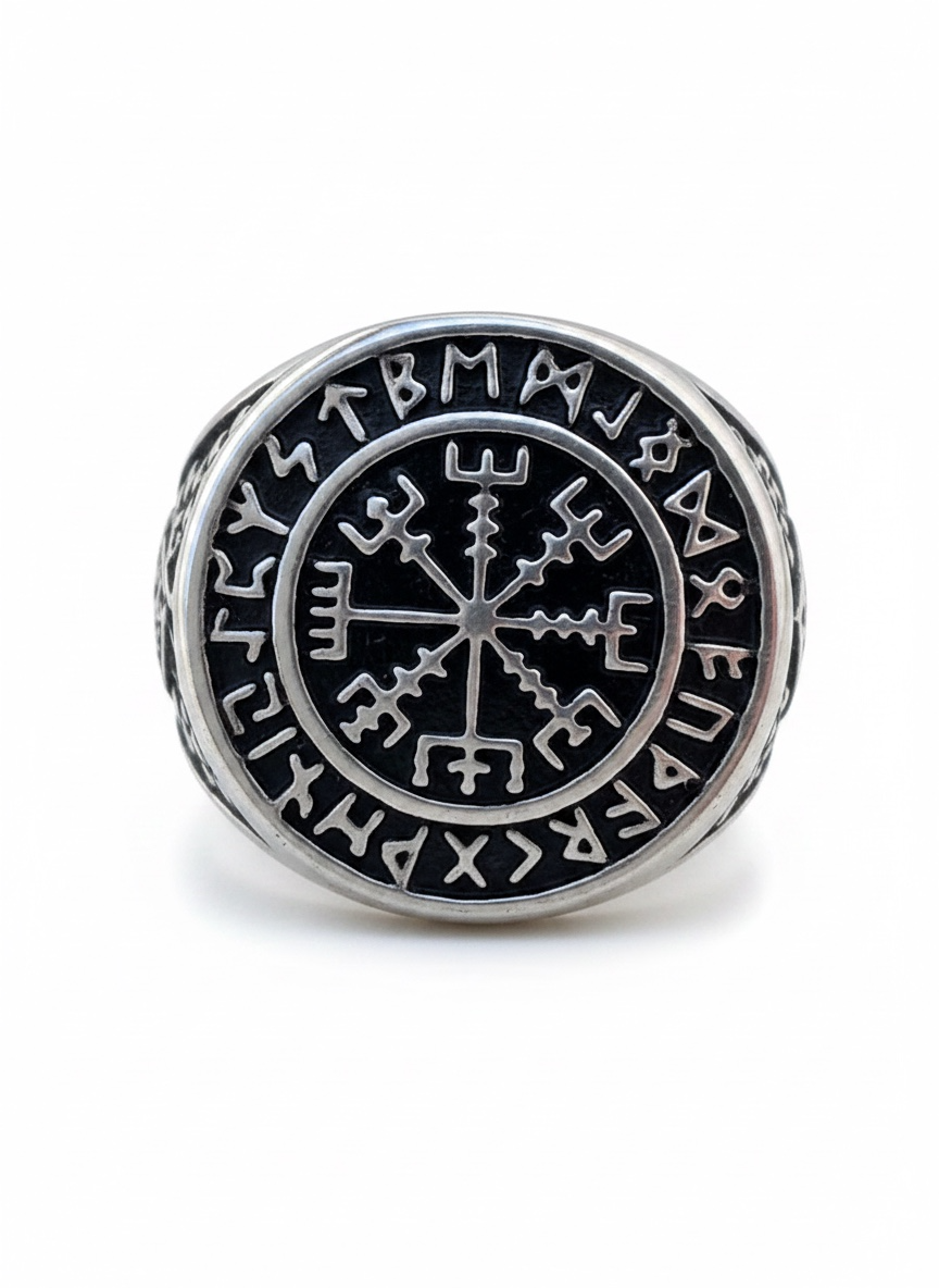 Anillo Vikingo de Acero con Brújula Vikinga y Runas