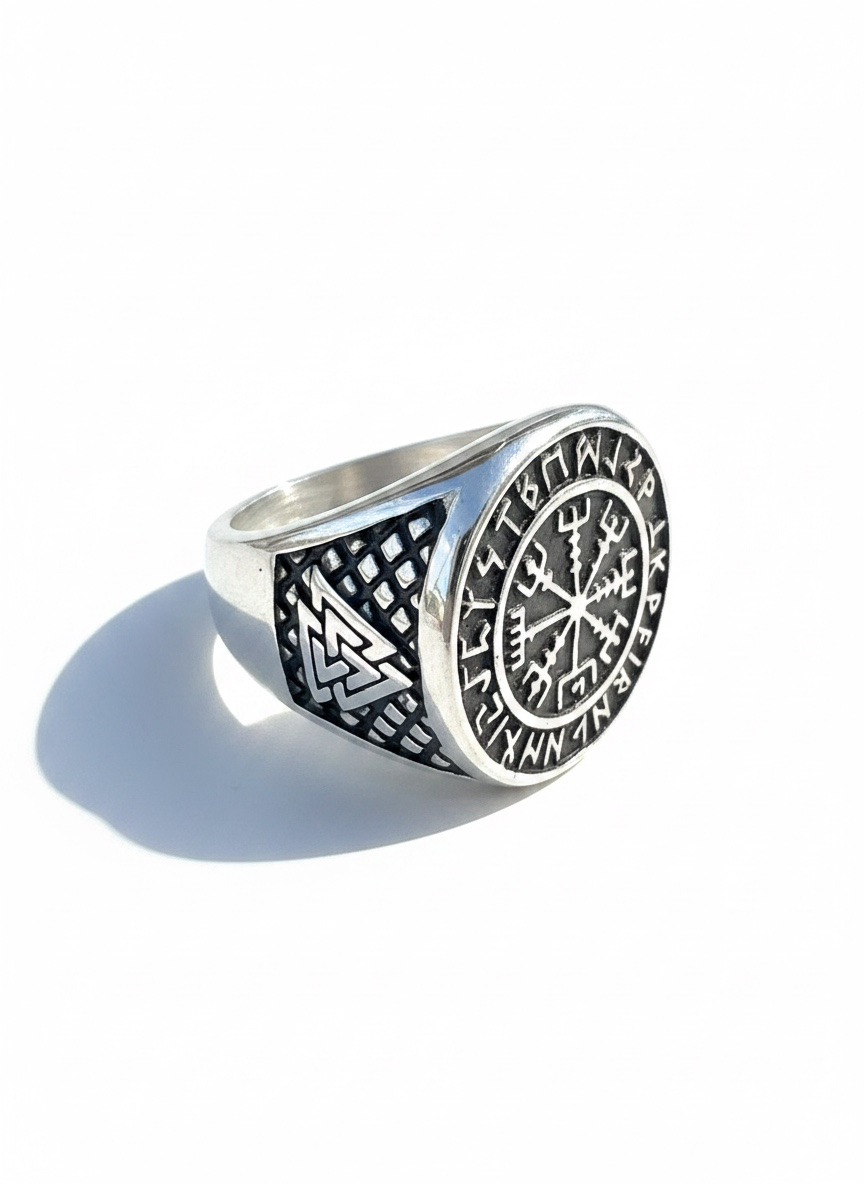 Anillo Vikingo de Acero con Brújula Vikinga y Runas