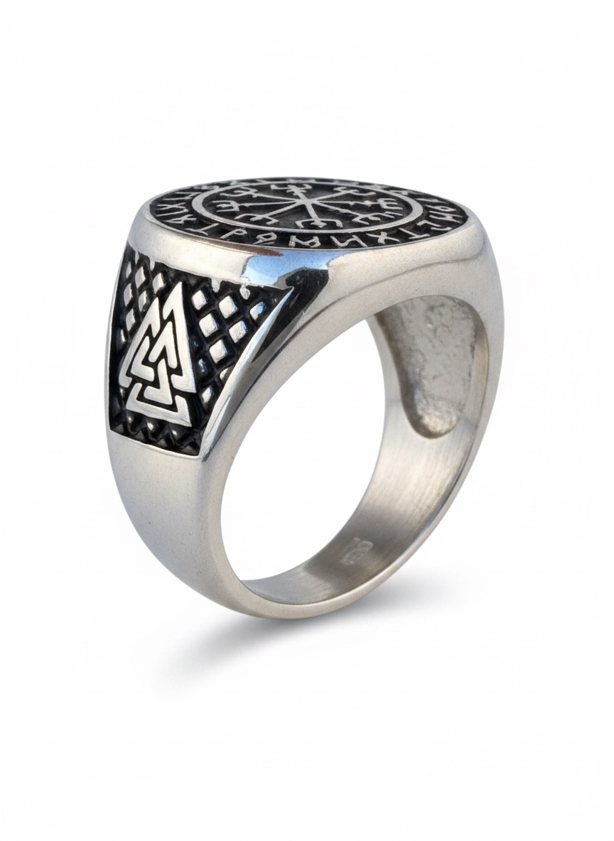Anillo Vikingo de Acero con Brújula Vikinga y Runas