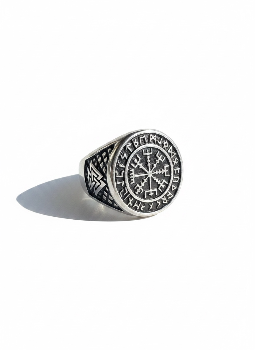 Anillo Vikingo de Acero con Brújula Vikinga y Runas