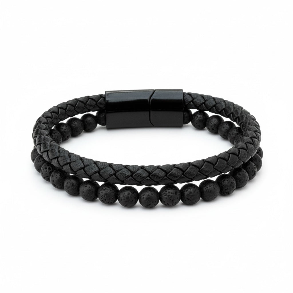 Pulsera de Piel y Lava Volcánica – Estilo Moderno y Elegant