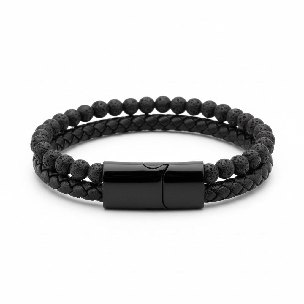 Pulsera de Piel y Lava Volcánica – Estilo Moderno y Elegant
