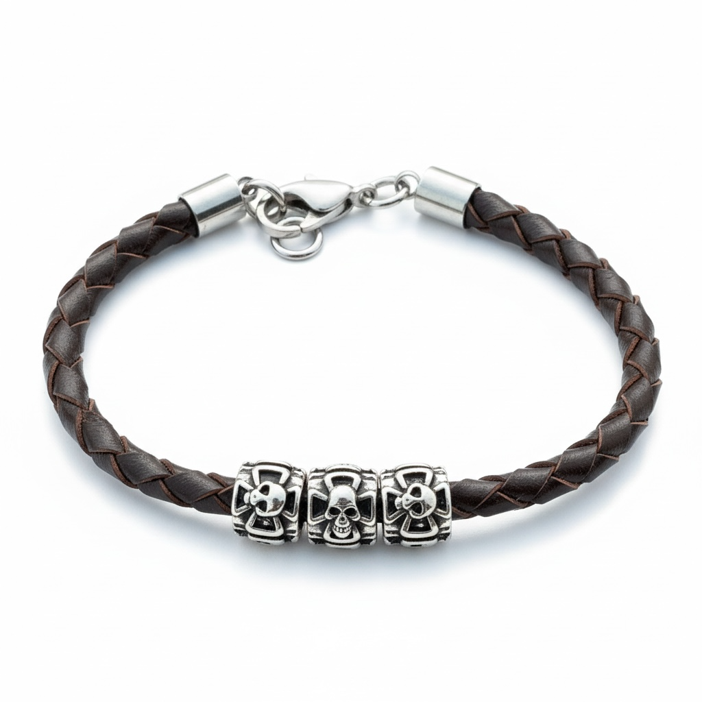 Pulsera de Piel con Calaveras: Estilo Rebelde