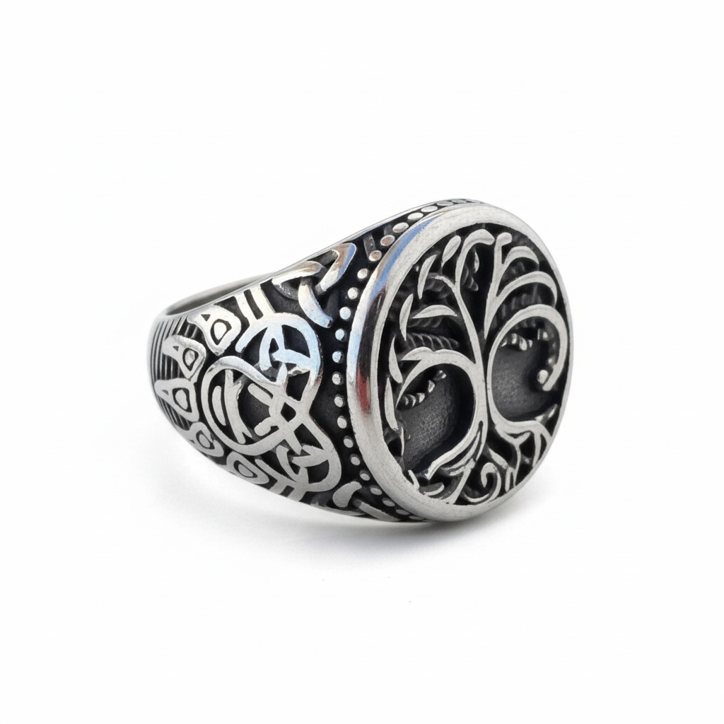 Anillo de Acero Vikingos – Árbol de la Vida y Grabados Tribales