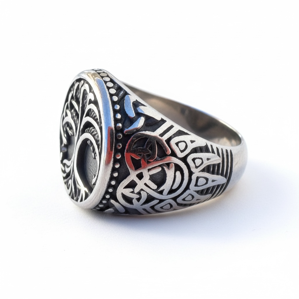 Anillo de Acero Vikingos – Árbol de la Vida y Grabados Tribales