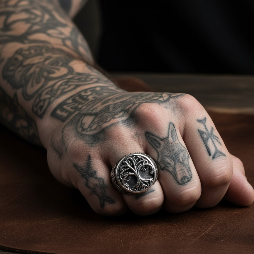 Anillo de Acero Vikingos – Árbol de la Vida y Grabados Tribales