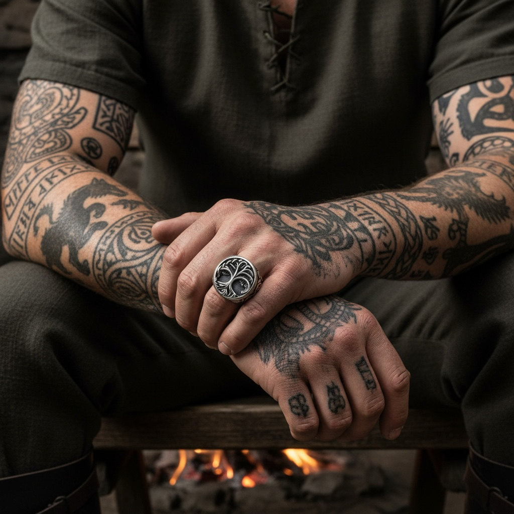 Anillo de Acero Vikingos – Árbol de la Vida y Grabados Tribales