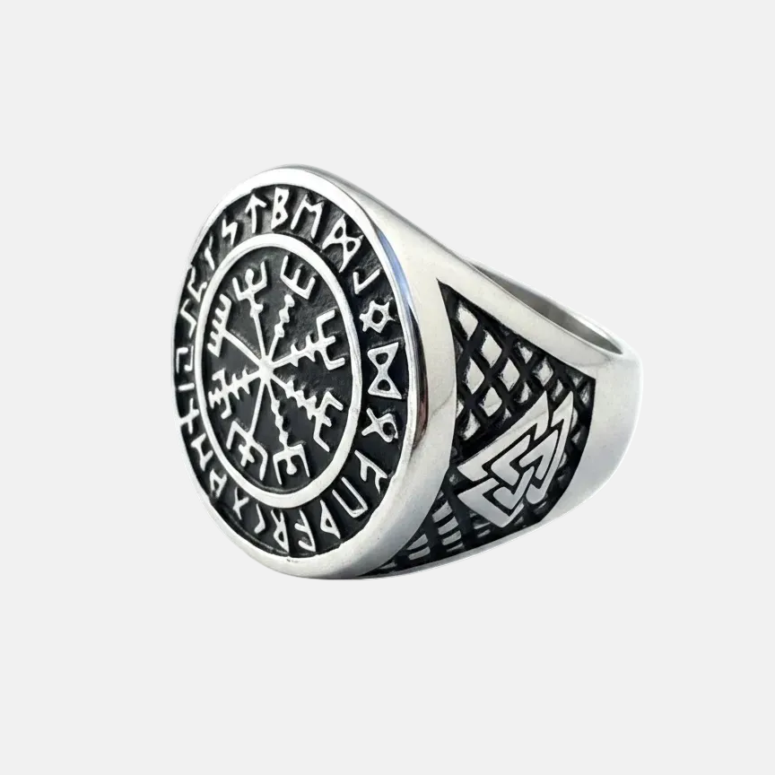 Anillo Vikingo de Acero con Brújula Vikinga y Runas