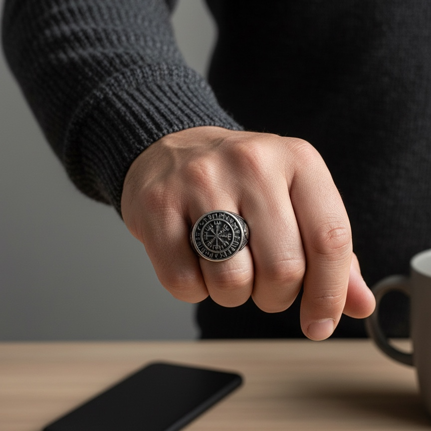 Anillo Vikingo de Acero con Brújula Vikinga y Runas