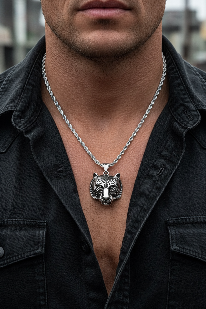 Collar de Acero con Cabeza de Tigre: Fuerza, Estilo y Significado