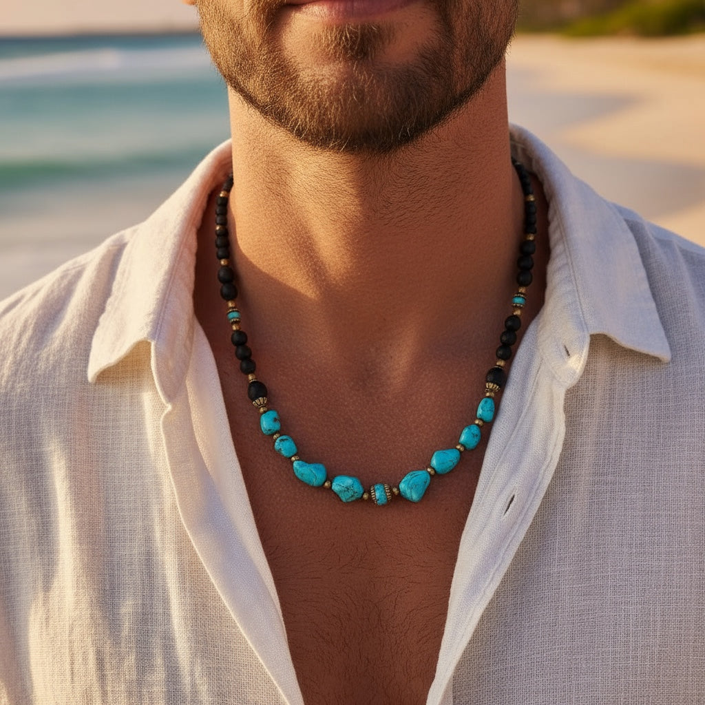 Collar de Piedras Turquesas y Negras — Estilo Surfero Moderno