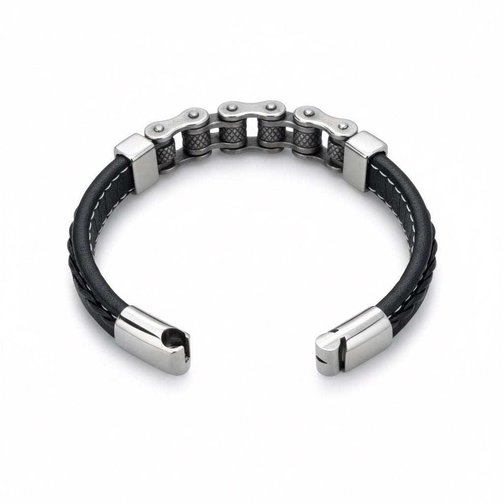 Pulsera de Piel y Acero Estilo Motero