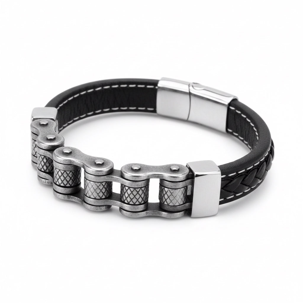 Pulsera de Piel y Acero Estilo Motero