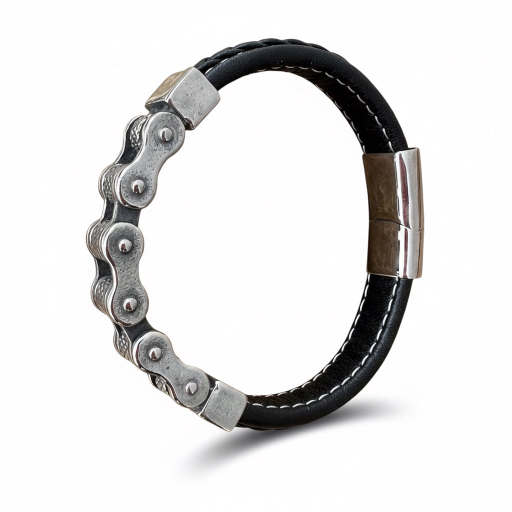 Pulsera de Piel y Acero Estilo Motero