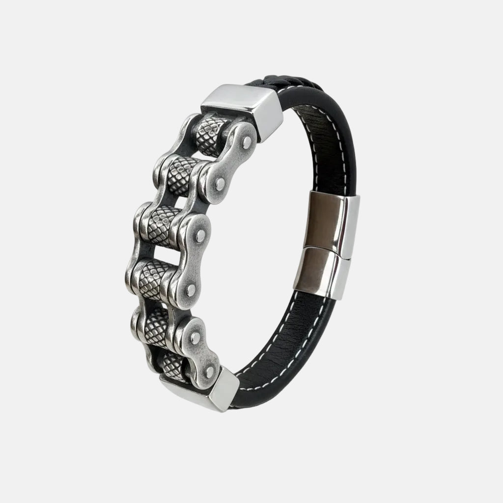 Pulsera de Piel y Acero Estilo Motero